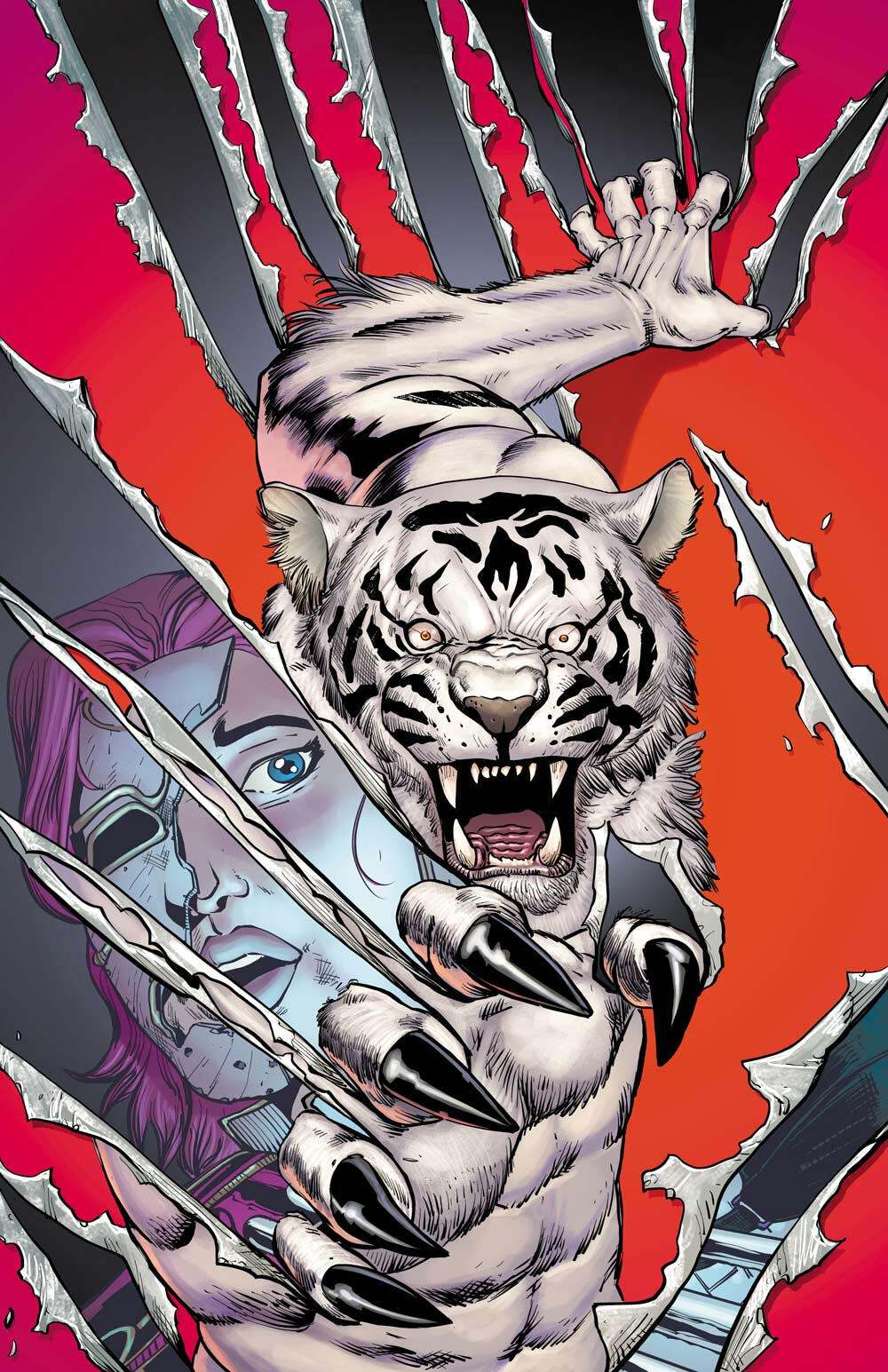 White Tiger ripping through the cover page to reveal a frightened Tragedy heroine for issue 6 of Tragedy by Philbo Publishing
